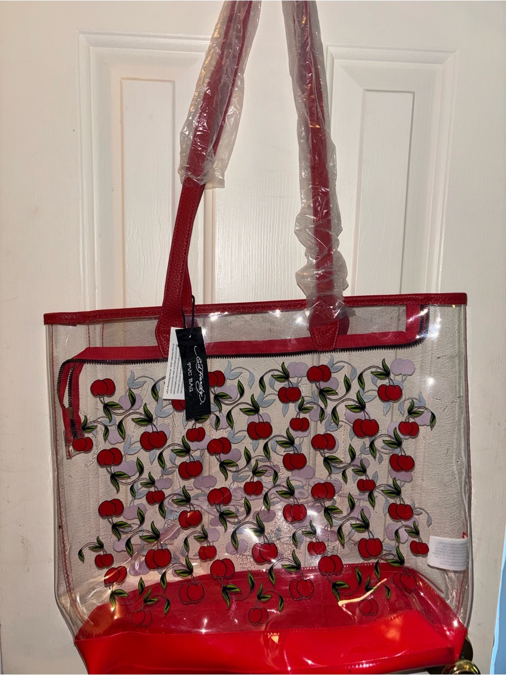 Ed Hardy Clear Cherry Print Tote with Red Trim - Picture 2 of 4